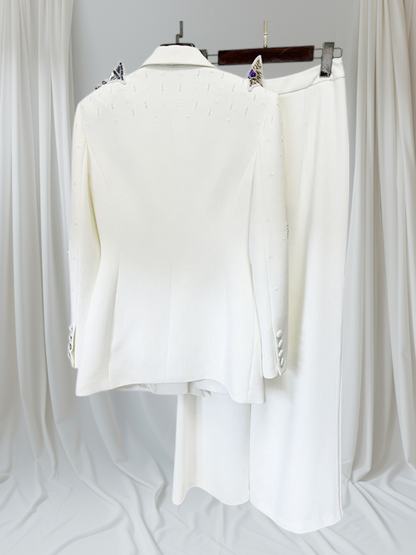 Blazer + pantalón ancho color blanco con detalles en mariposas de colores colección ocs