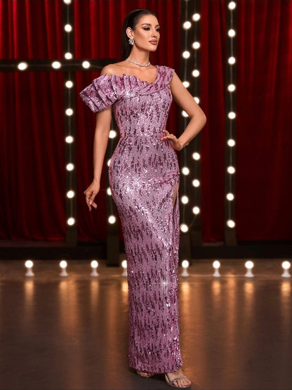 Vestido lentejuelas de gala largo, hombro descubierto color rosa