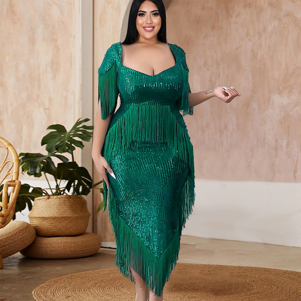 Vestido verde flecos